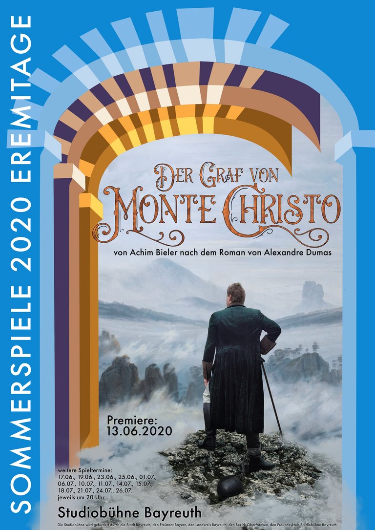 Plakat zum Theaterstück "Der Graf von Monte Christo" der Studiobühne Bayreuth, Mann auf einem Felsen der in die nebelverhüllte Landschaft schaut