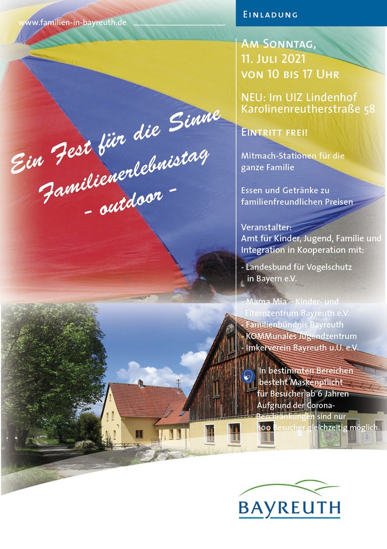 Plakat für das Fest fuer die Sinne, im oberen Teil der Fallschirm, darunter ein Bild vom UIZ Lindenhof 