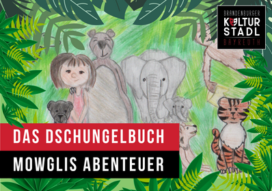 Ein gemaltes Dschungelbild mit Tieren und einem kleinen Mädchen.