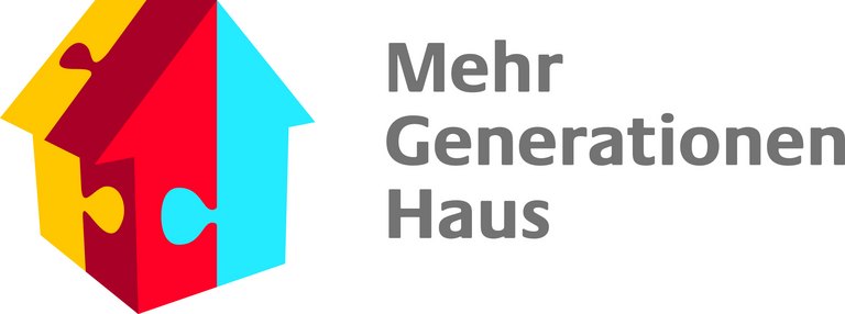 Logo Mehrgenerationenhaus der Evangelischen Familienbildungsstaette, dreidimensionales Haus in gelb, rot, hellblau