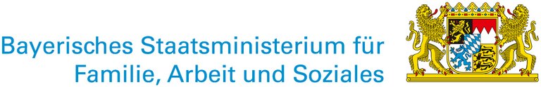 Logo des Bayerischen Staatsministeriums für Familie, Arbeit und Soziales in hellblau, rechts daneben das Bayer. Staatswappen