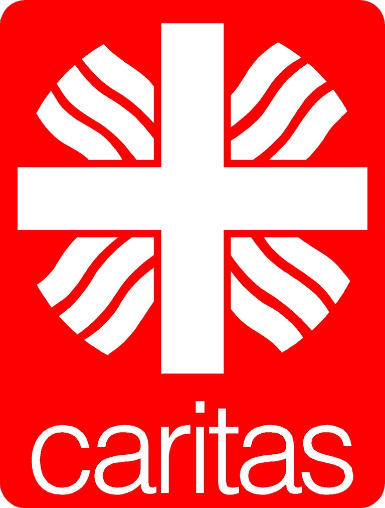 Logo Caritas, weißes Kreuz und Schrift in weiß in rotem Kasten