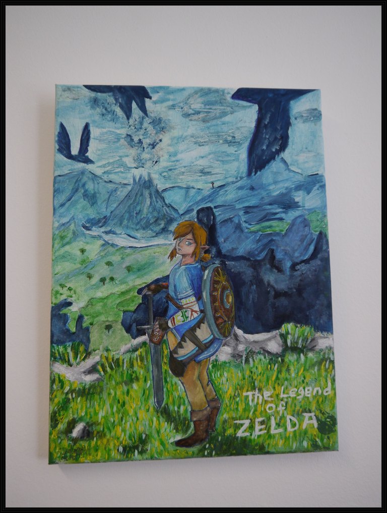 Zelda als Heldin, im Hintergrund ein Vulkan in einer urspruenglichen Landschaft, darueber fliegen große schwarze Voegel