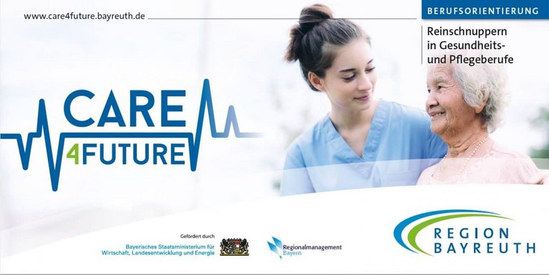 Flyer zur Berufsorientierung, reinschnuppern in Gesundheits- und Pflegeberufe, care4future, Region Bayreuth, ältere Dame mit einem jungen Maedchen 