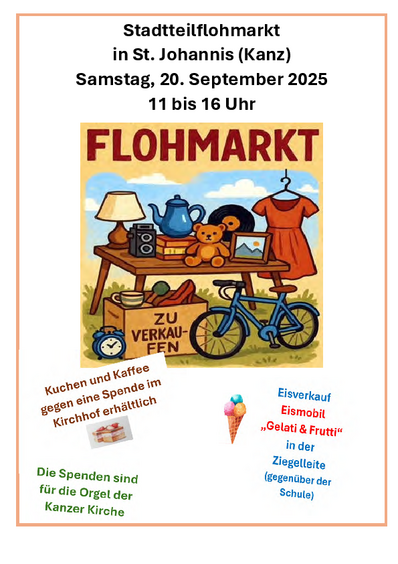 Auf dem Plakat wird Werbung für den Flohmarkt in St. Johannis am 20.09.2025 gemacht.