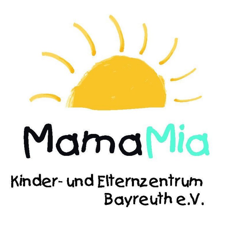 Logo Mama in schwarzer Schrift, Mia in hellblauer Schrift, Kinder- und Elternzentrum Bayreuth e.V., gelbe Sonne auf weißem Hintergrund