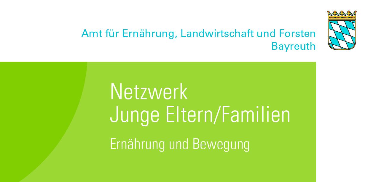 Logo Amt für Ernaehrung, Landwirtschaft und Forsten Bayreuth in blauer Schrift, Netzwerk Junge Eltern/Familien, Ernährung und Bewegung, weiße Schrift in grünem Kasten mit Wappen
