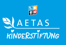 Logo der AETAS Kinderstiftung, weiße Schrift auf blauem Grund