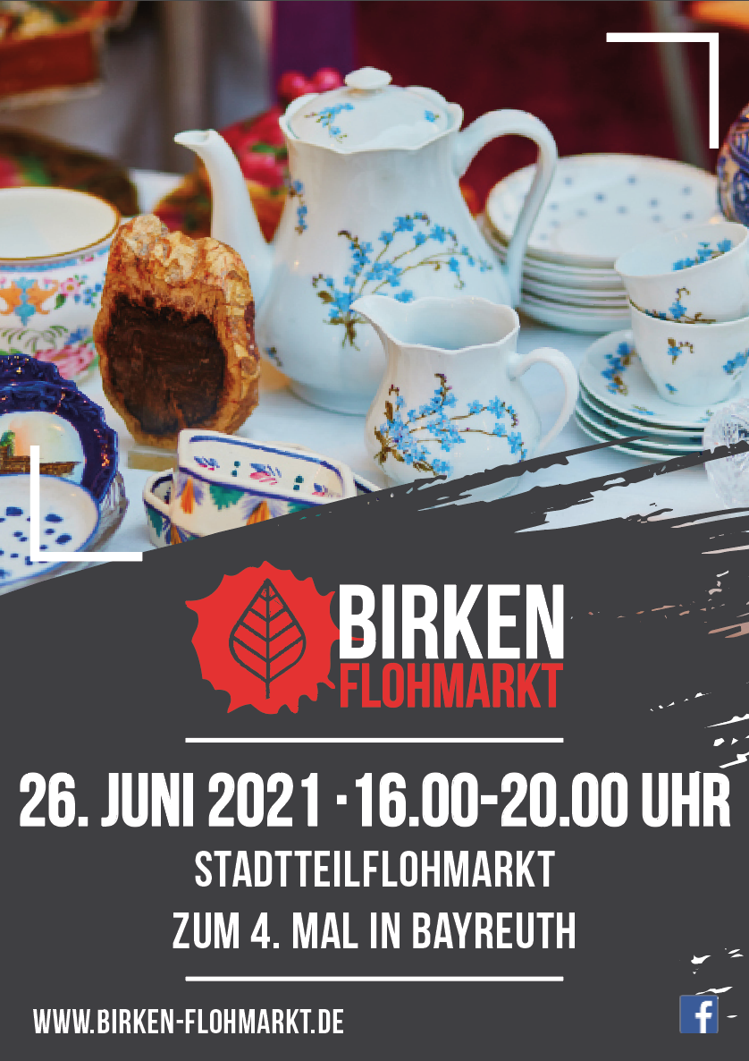 Plakat Birken-Flohmarkt mit weißem Kaffeegeschirr mit hellblauen Blumen