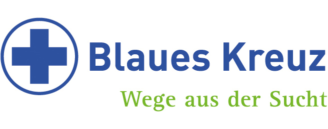 Logo des Blauen Kreuzes in blau darunter Schrift in grün, Wege aus der Sucht