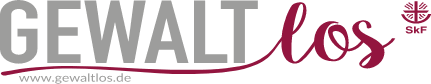 Logo Gewalt los, Gewalt in Großbuchstaben und grau, los in rot