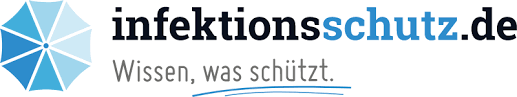 Logo Infektionsschutz.de in schwarz-blauer Schrift mit Schirm in blau