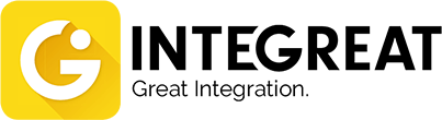 Logo Integreat App, schwarze Schrift, rechts weißes G mit Punkt in einem gelben Quadrart