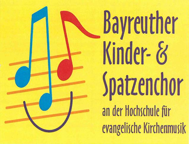 Flyer des Kinder- und Spatzenchors an der Hochschule fuer evangelische Kirchenmusik in gelb, links ein Notenblatt mit Schluessel