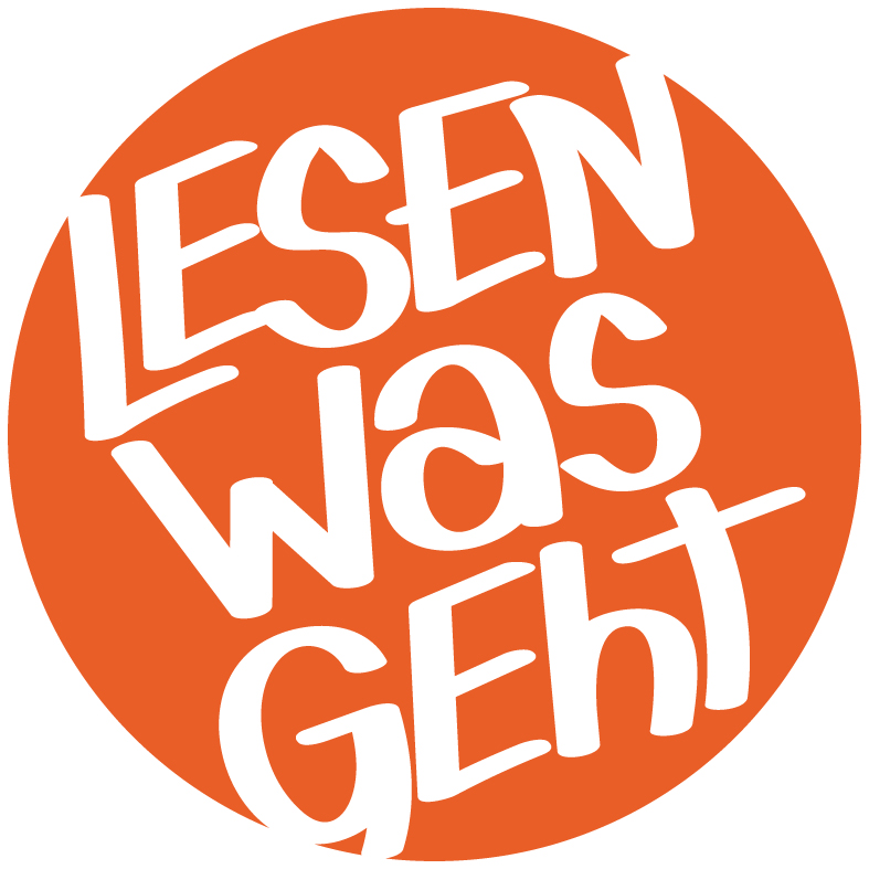 Logo Lesen was geht, Schrift in weiß in einem orangen Kreis