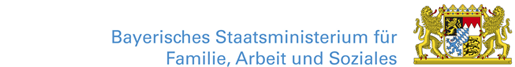 Logo Bayerisches Staatsministerium für Familie, Arbeit und Soziales blaue Schrift auf weißem Grund, rechts Wappen