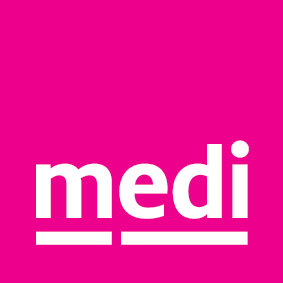 Logo medi, weiße Schrift auf pinkem Grund