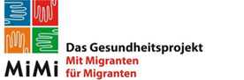 Logo MIMI, Das Gesundheitsprojekt Mit Migranten für Migranten, in schwarzer und roter Schrift, links daneben 4 gleich große Kästen in blau, rot, gelb und grün