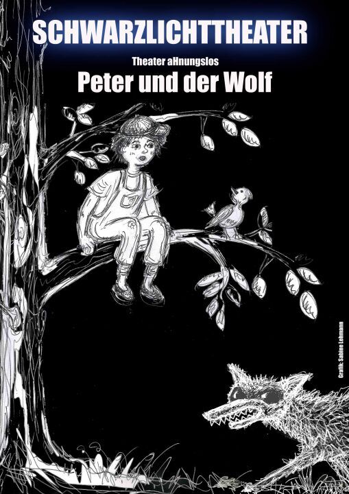 Plakat zum Schwarzlichttheater Peter und der Wolf