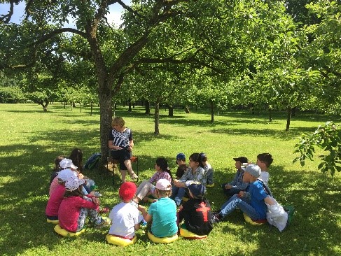 Kinder sitzen im Halbkreis im Schatten eines Baumes