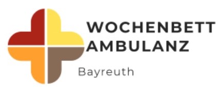 Logo Wochenbettambulanz Bayreuth in schwarzer Schrift, links daneben Kreuz in rot, gelb, orange und braun